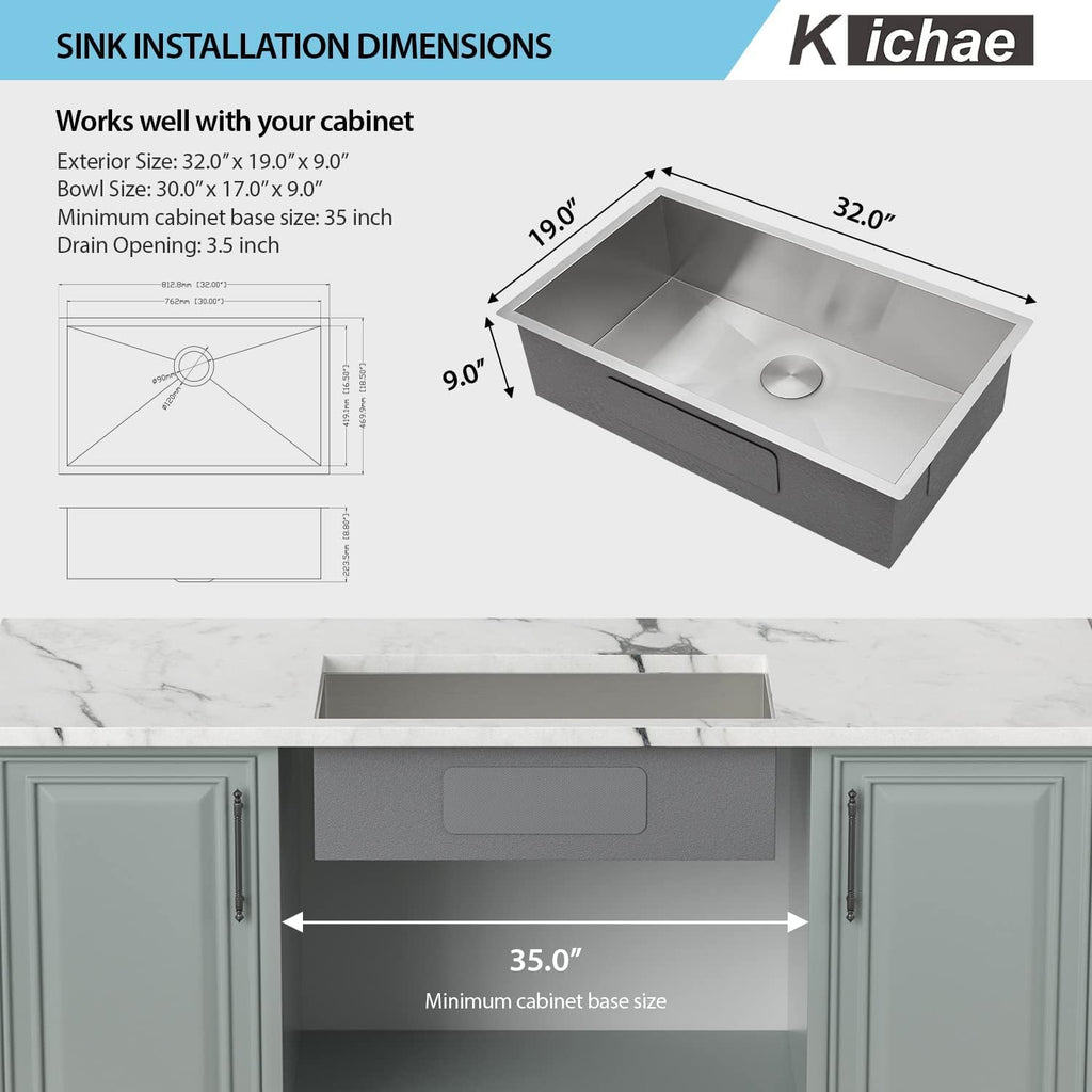 32 Inch Undermount Kitchen Sink Stainless Steel 16 Gauge Single Bowl | 32x19 Undermount Sink Stainless Steel Kitchen