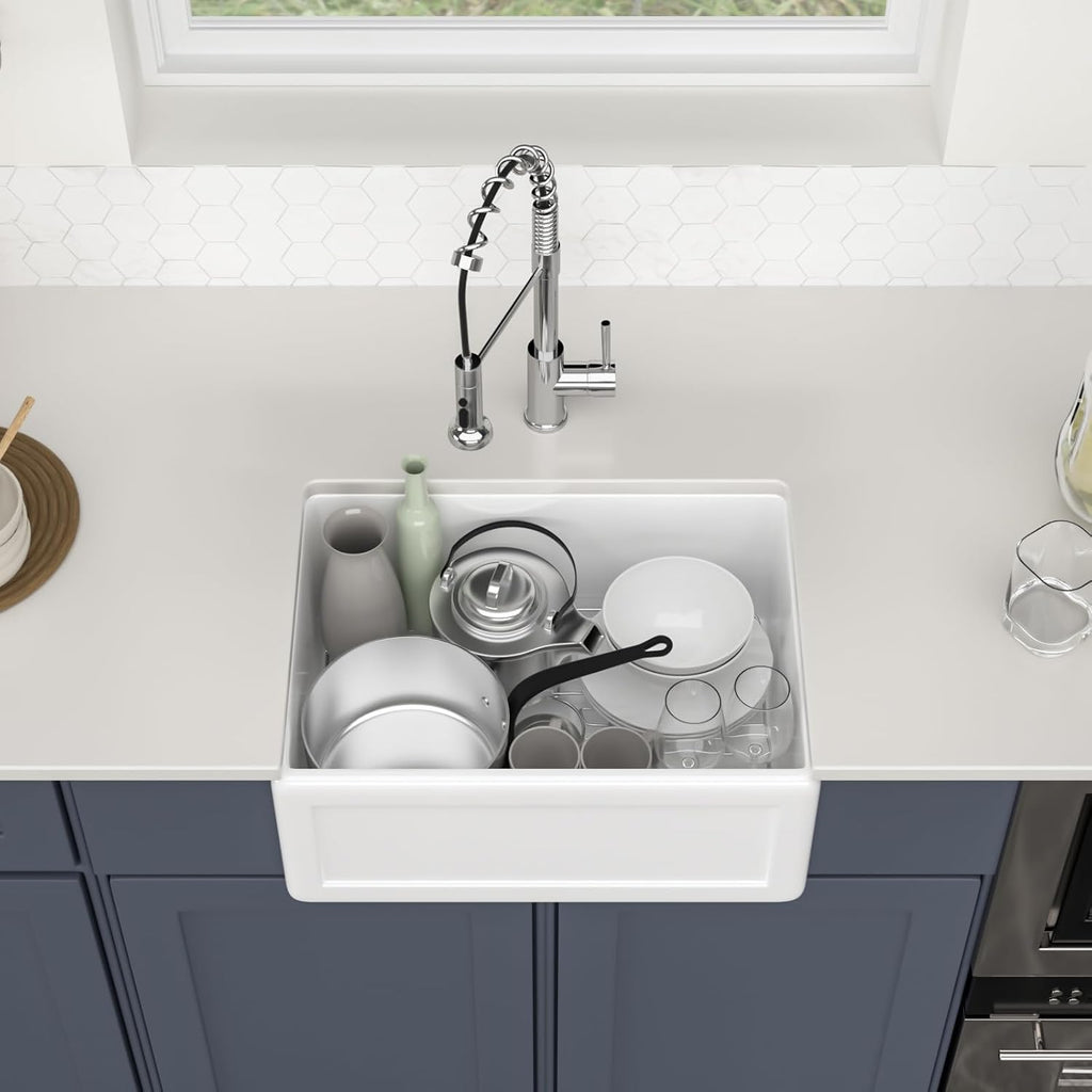 24 Inch White Farmhouse Kitchen Sink Apron Front Farm Sink Undermount Fireclay 24 x 18 x 10 Inch Single Bowl Ceramic