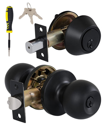 All Keyed Same Entry Knobs&Single Cylinder Deadbolt Combo Set for Exterior Front Doors, Matte Black Finish Entry Door