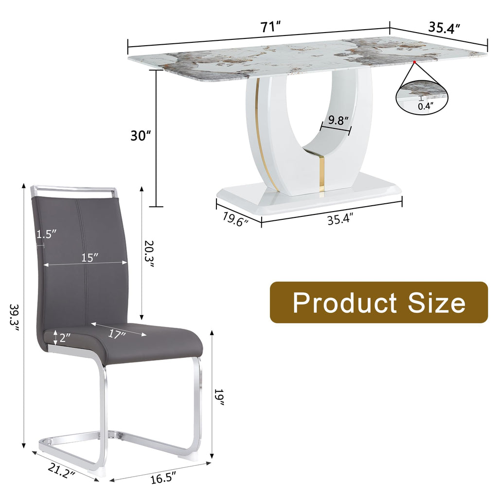 Dining Table Set for 6 with Chairs PU Upholstered, 71'' Pandora White Marble Dining Room Table and Chairs 1162 Gray