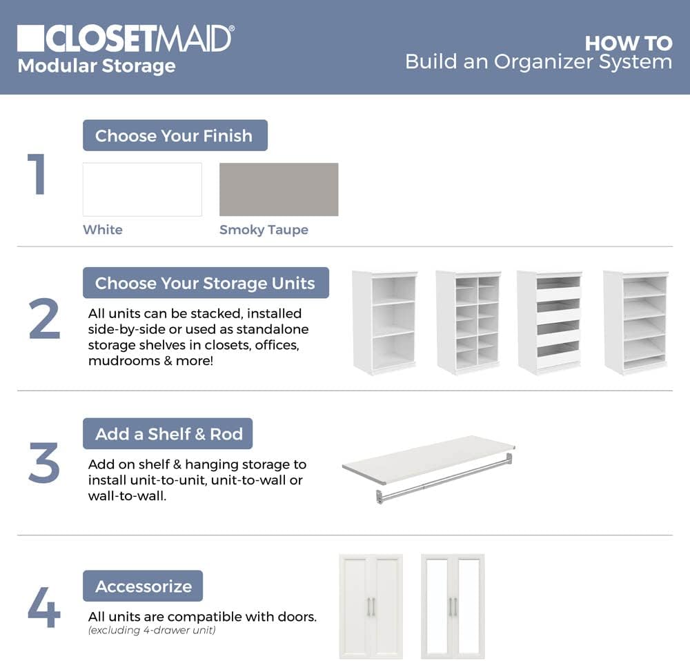 Modular Storage Unit with 4 Drawers, Wood Closet Organizer, Stacking, Full Backer, Storage, Decorative Trim, White