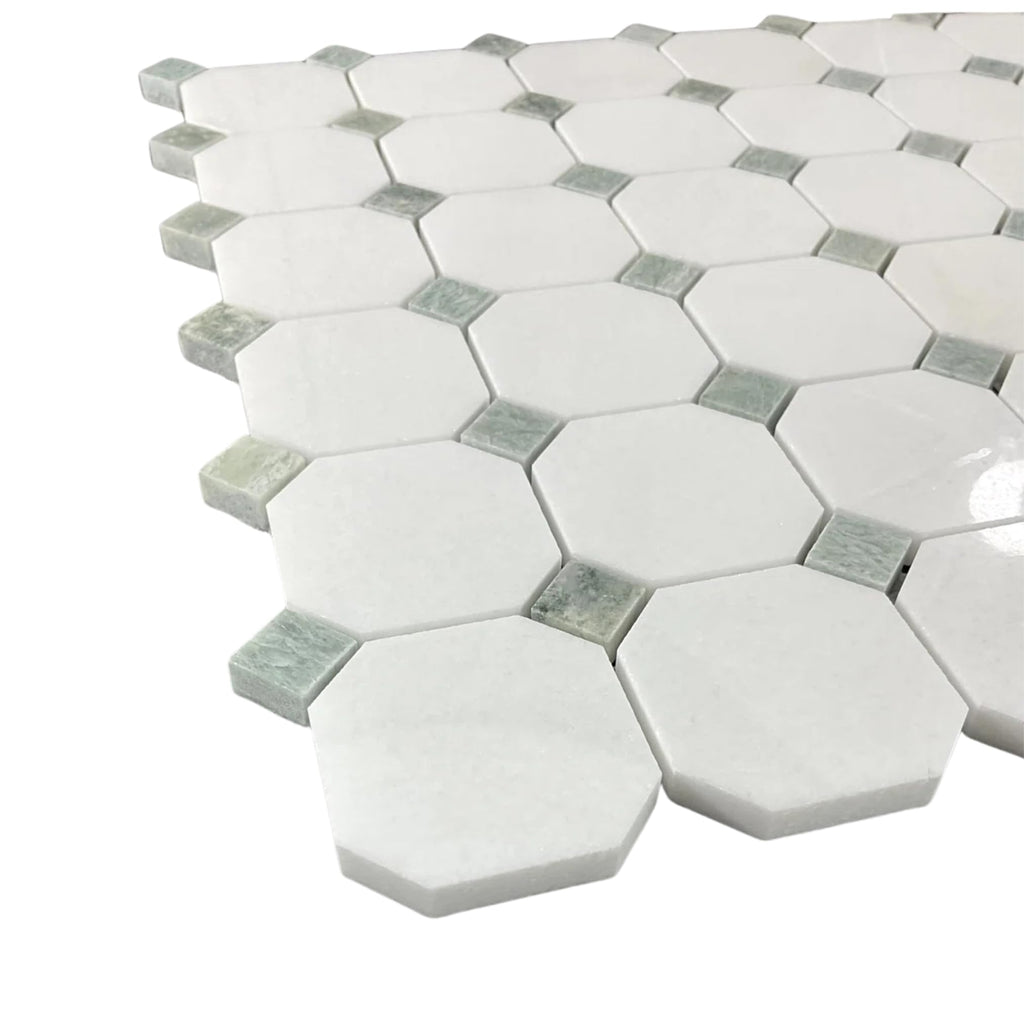 White Marble Octagon Mosaic Tile with Green Dot - 12x12 Polished Natural Stone Mosaic for Wall & Floor, Bathroom
