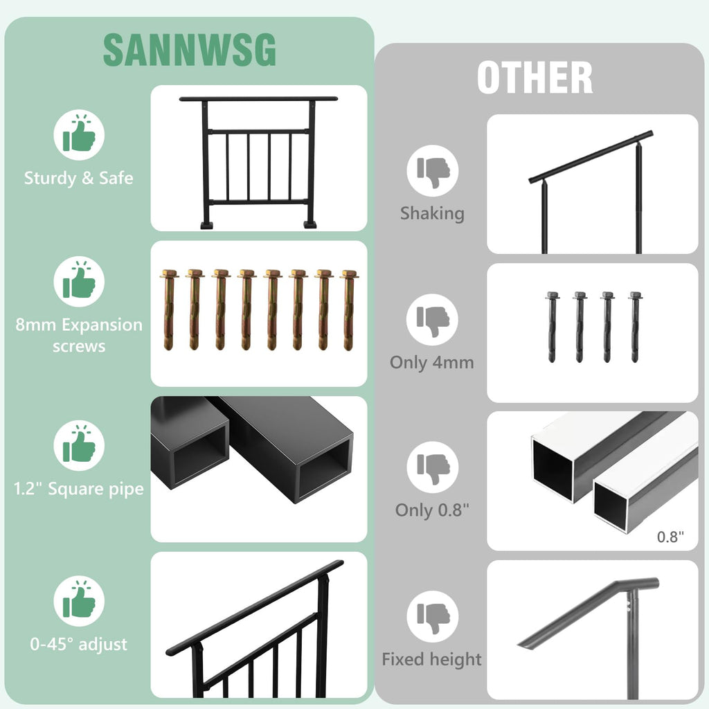 2 Pack Hand Rails for Outdoor Steps, 1-2 Step Stair Railing Outdoor, 2 Step Hand Rails for Seniors, Black