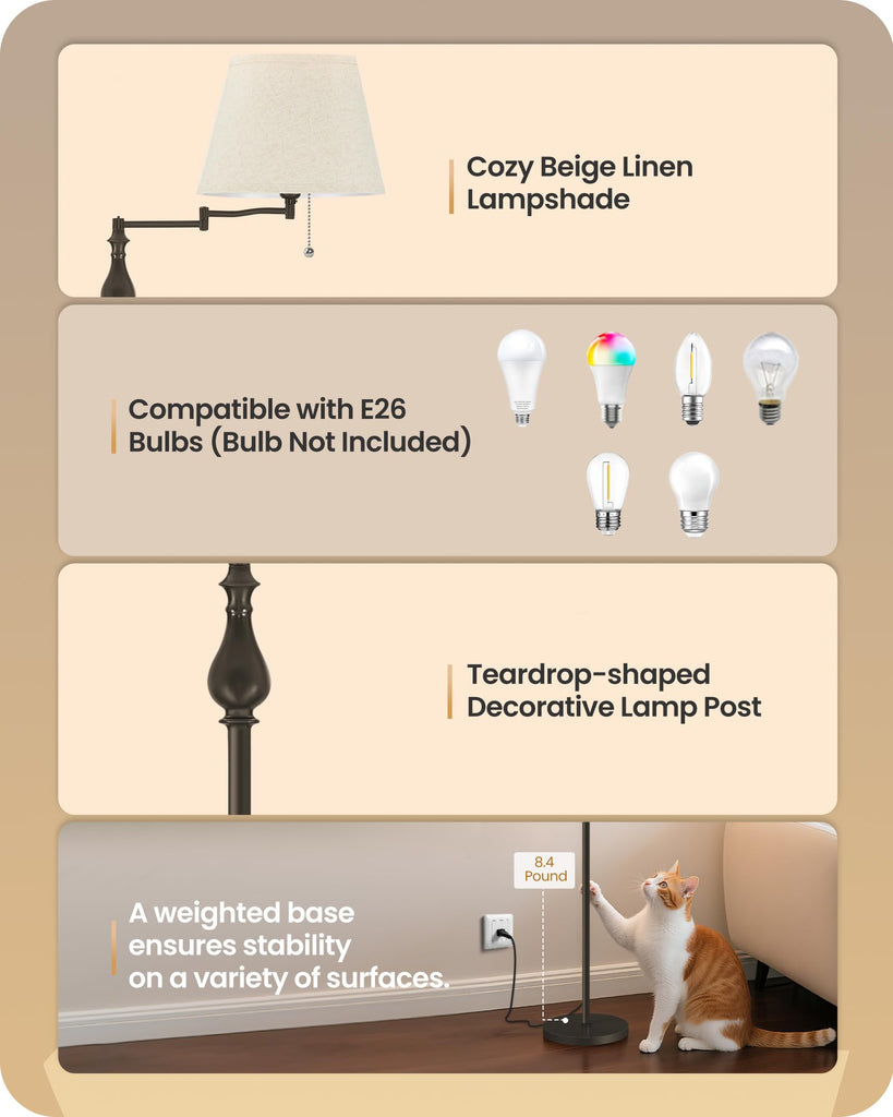 61" Vintage Floor Lamp with 350°Adjustable Swing Arm, Pull Chain, Dark Brown