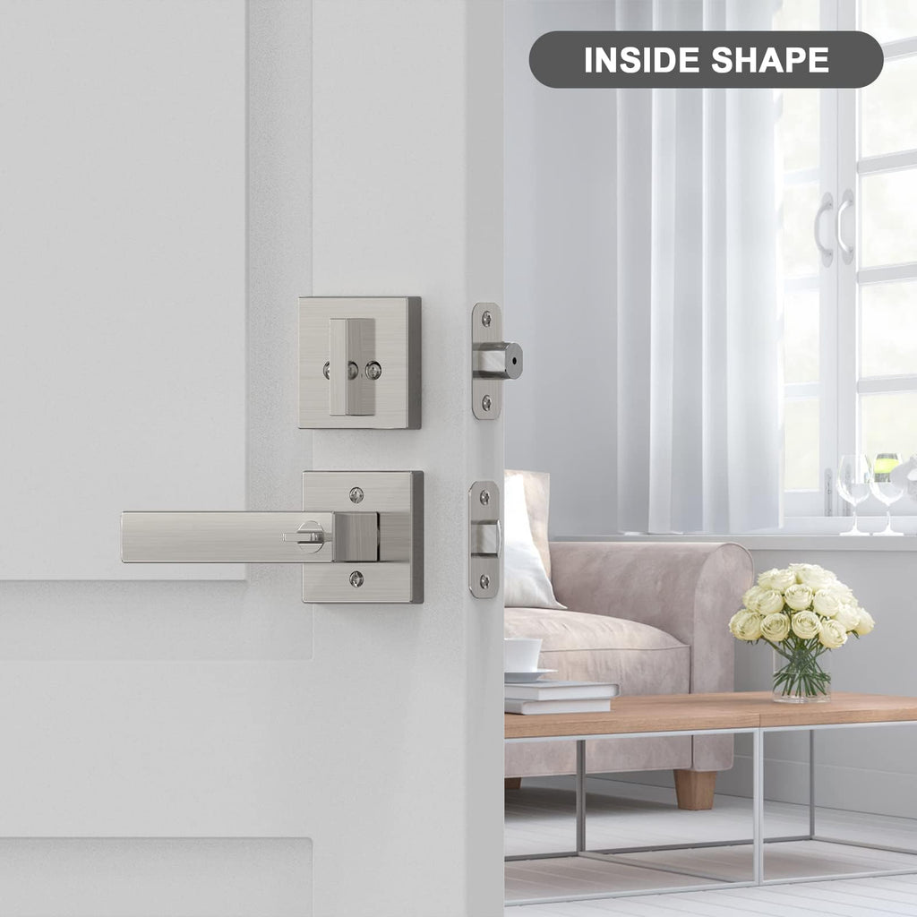 Entry Lever Door Locks with Deadbolt - Modern Square Exterior Front Door Handle and Single Cylinder Deadbolt(h Brush