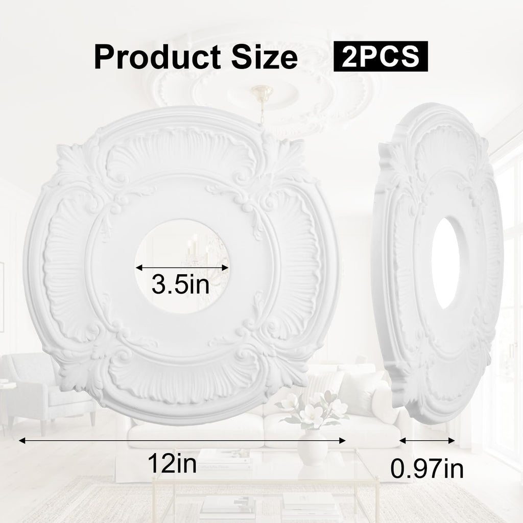 Kenaoeoe 2 Pack White Plain Ceiling Medallion 12" OD x 3.5" ID PU ecorative Ceiling Fan Medallions for Light Fixtures