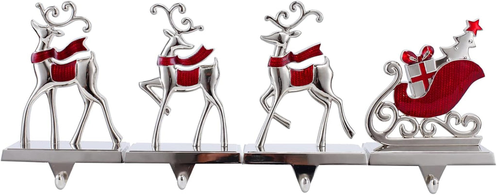 Set of 4 Reindeer Christmas Stocking Hangers for Mantel Xmas Stocking Hooks for Fireplace Mantle,Metal Free Standing