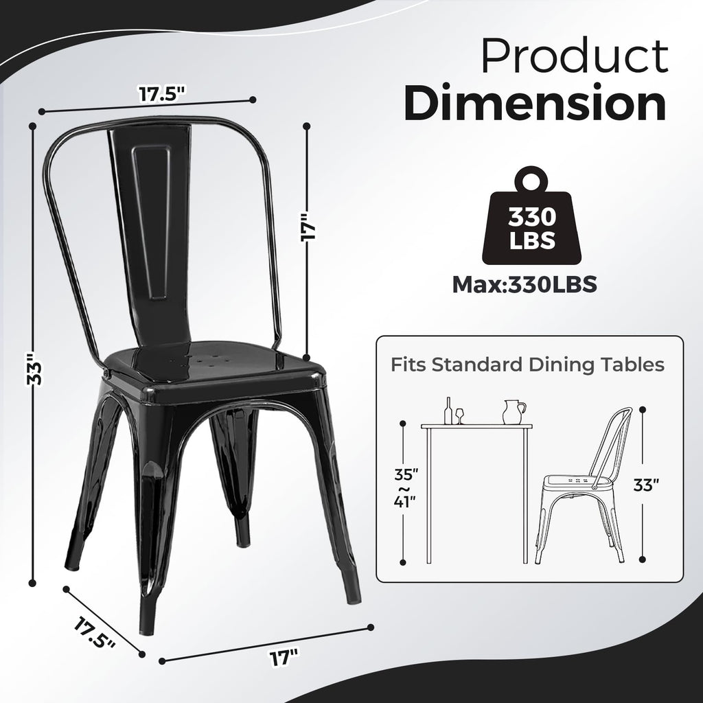 Metal Dining Chairs with Backrest, Stackable, Black, 6 Pack