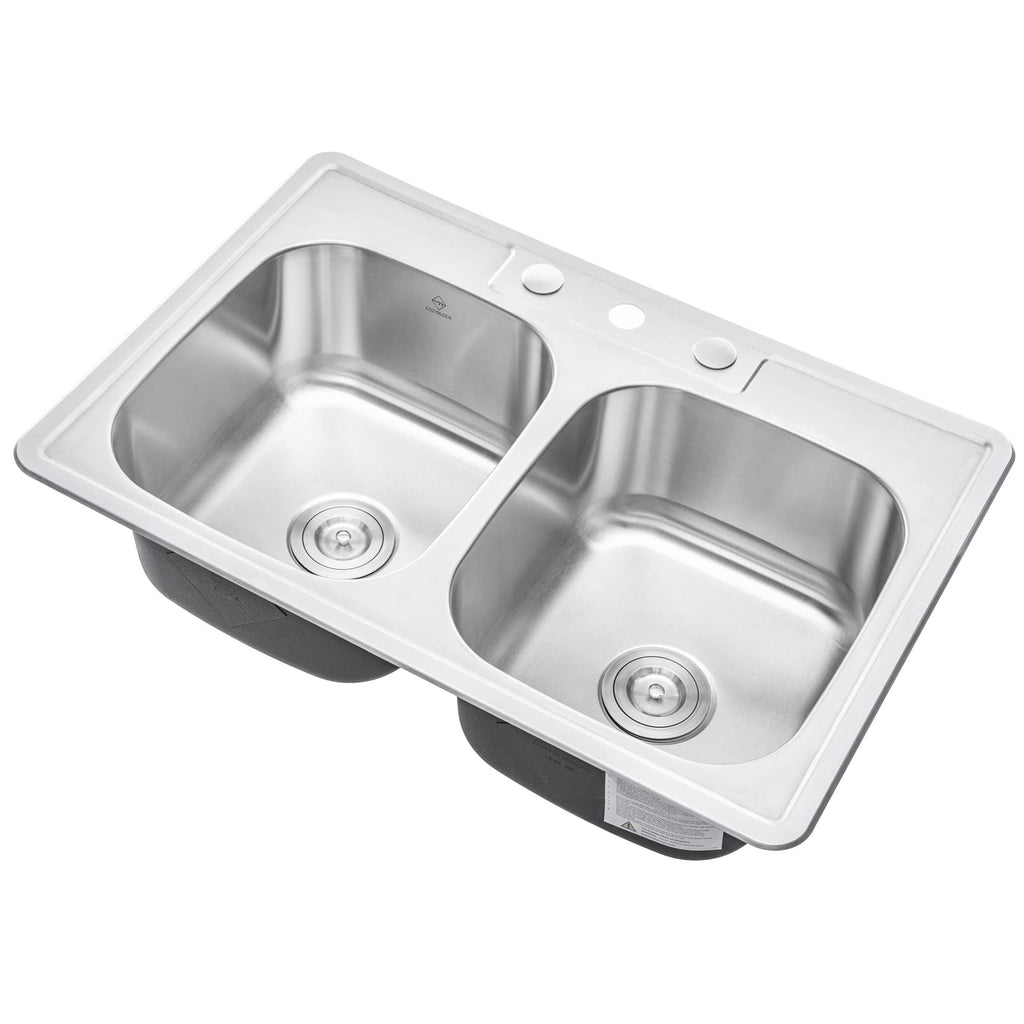 CozyBlock 33" x 22" 50/50 Double Bowl Drop- Sink with Strainer