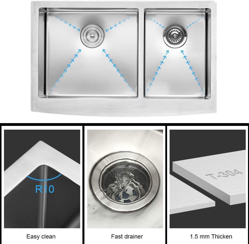 36 Inch Double Bowl Farmhouse Kitchen Sink T304 16 Gauge Stainless Steel Undermount Farmhouse Kitchen Sinks 60/40