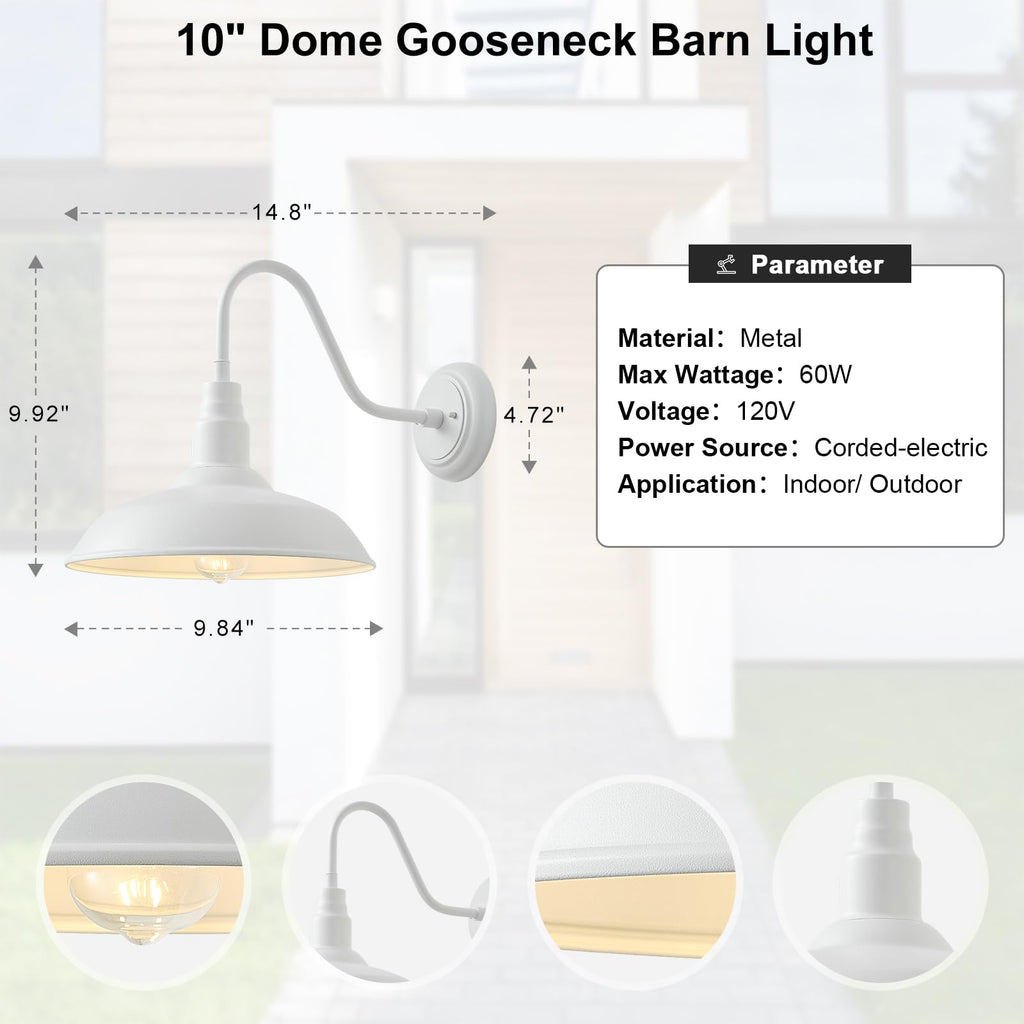 10 Inch Dome Outdoor Gooseneck Barn Lights for Porch, Farmhouse Exterior Light Fixture with Wall Mount, Matte White