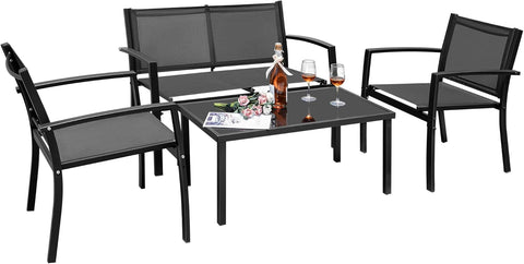 4 Pieces Outdoor Patio Furniture Textilene Modern Conversation Black Bistro Set with Loveseat Tea Table for Home