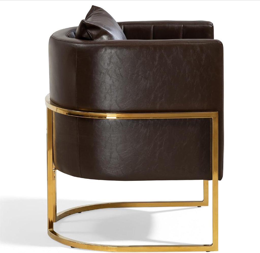 Modern Leather Accent Chair, Mid Century Upholstered Barrel Armchair with Pillow, Comfy Single Vanity Chair