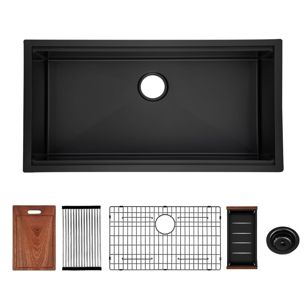 36 inch Black Stainless Steel Undermount Kitchen Sink, 36x19 Handmade 16 Gauge Single Bowl Workstation Sink, 10 Inch