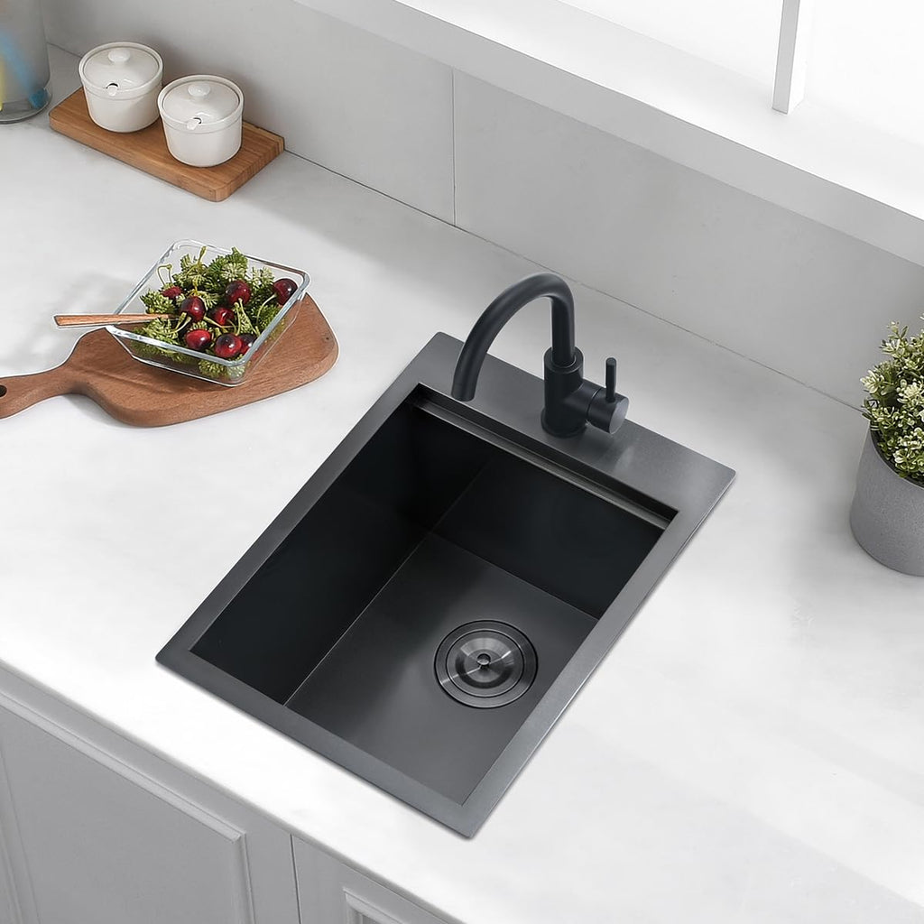 15 Drop In Black Kitchen Bar Sink, Luckyhorse 15x20x10 Inches 16 Gauge Gunmetal Black Stainless Steel Drop In