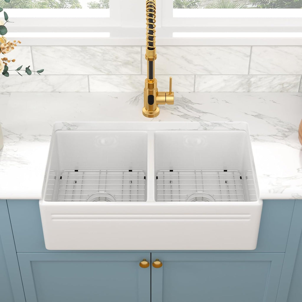 33 White Farmhouse Sink Double Bowl - 33x18 Inch Kitchen Sink Apron Front Double Bowl 50/50 White Porcelain Ceramic