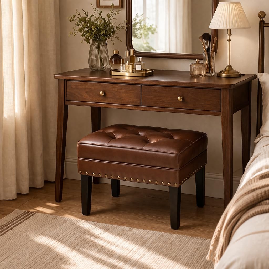 Faux Leather Foot Stool, Mid Century Modern Foot Stools Ottoman, Vintage Ottoman Tufted Square Vanity Seat, Coffee