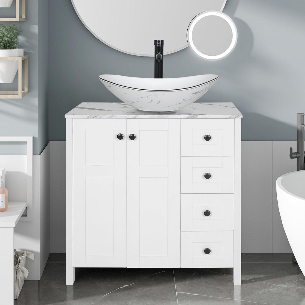 32" White Bathroom Vanity with Marble Top & 4 Drawers - Modern Freestanding Vanity Cabinet