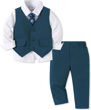 Boy Suit Toddler Boys Formal Dress Outfit Shirt+Printed Tie+Vest+Pants Baby Tuxedo Boys Wedding Clothes