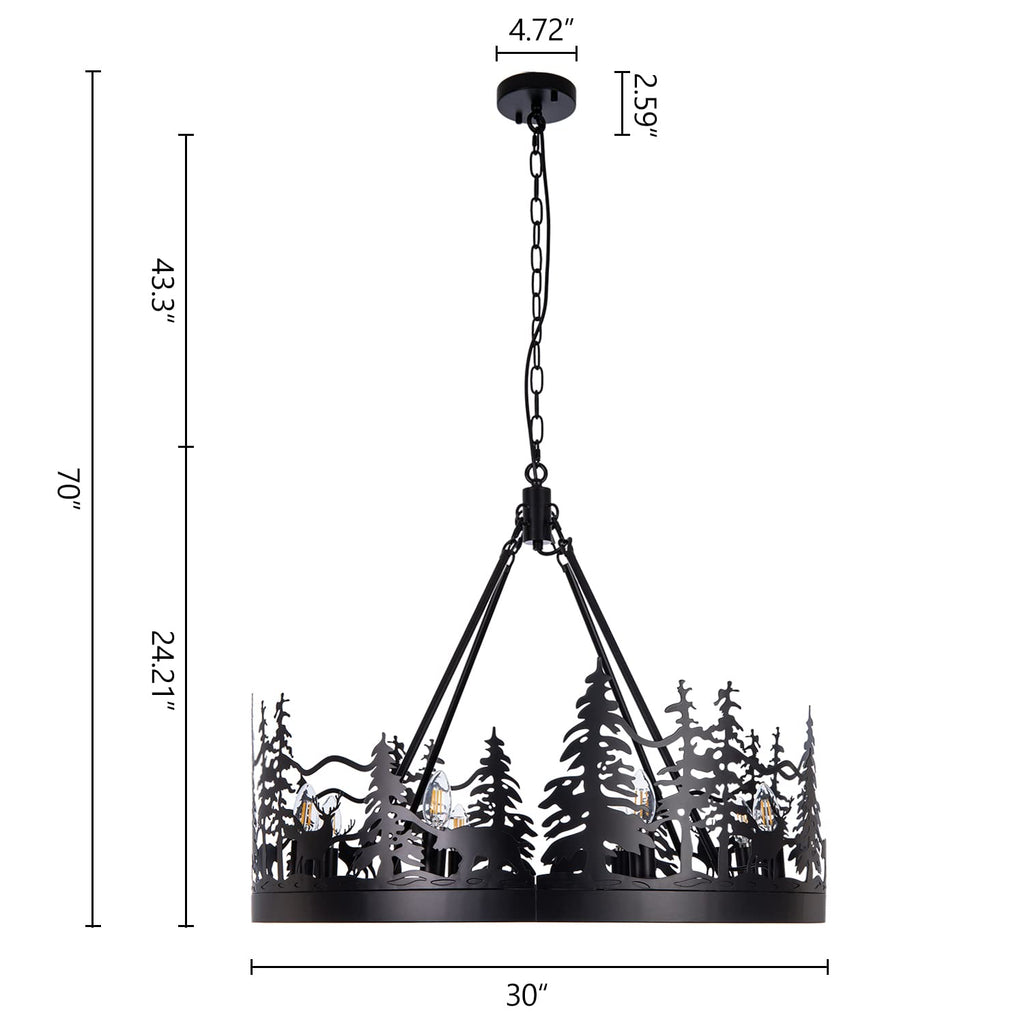 Rustic Forest Wagon Wheel Chandelier - 8-Light Black Iron with Pine Tree, Bear & Deer Silhouettes, W30" x H24"