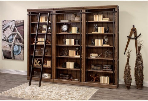 Avondale 120" W Contemporary Wood Bookcase Wall with Ladder Storage Organizer Display, 5 Adjustable Shelves