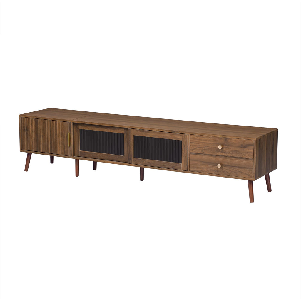 Mid-Century Modern TV Stand for 85 inches TV, 76" Media Console with Fluted Cabinet Door, Sliding Glass Doors, and 2
