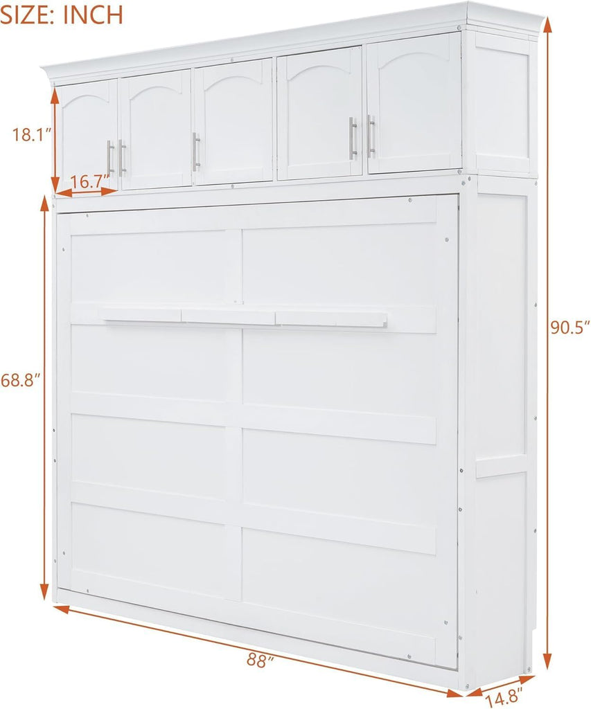 Queen Horizontal Murphy Bed with Storage Cabinet,Wood Folding White Murphy Wall Bed for Adult