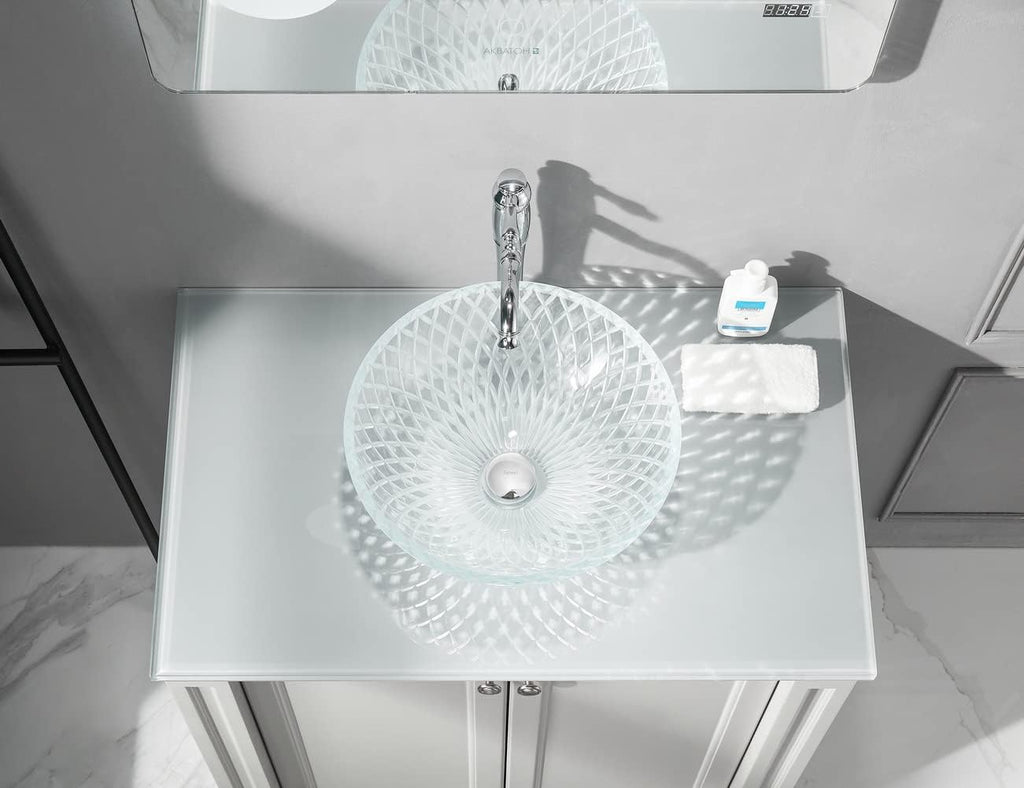 Tempered Deco Glass Luxuryhome Bathroom Sink in Crystal engraving Elegant | Top Mount Basin | Vanity Countertop Sink