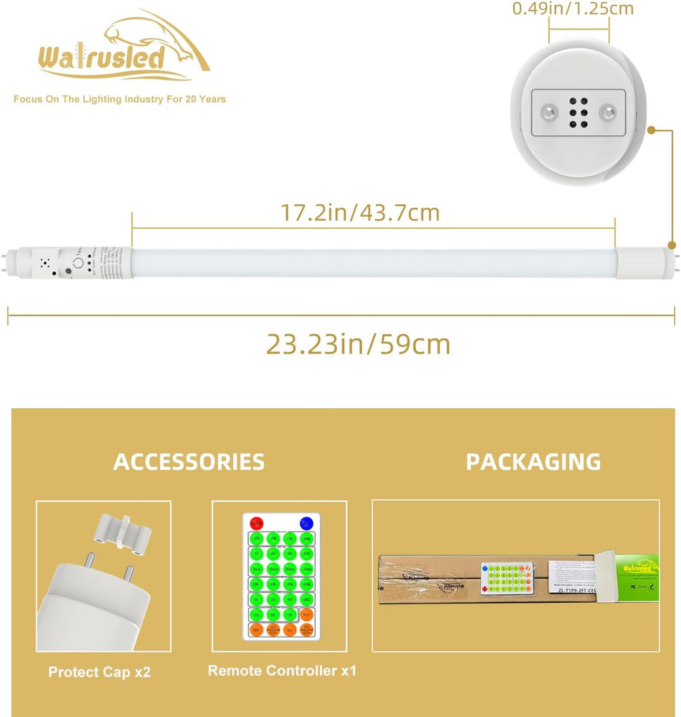 T8 LED Claps Tube Light 2FT, Photocell and Sound Activated Sensor, Remote,Dimmable, G13,IP4X,CCT,120V,10W,100