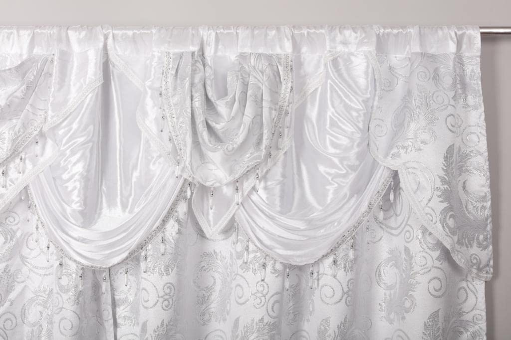 Jacquard Luxury Window 2 Panel Set White Curtain with Attached Valance and Backing Bedroom Living Room Dining 2