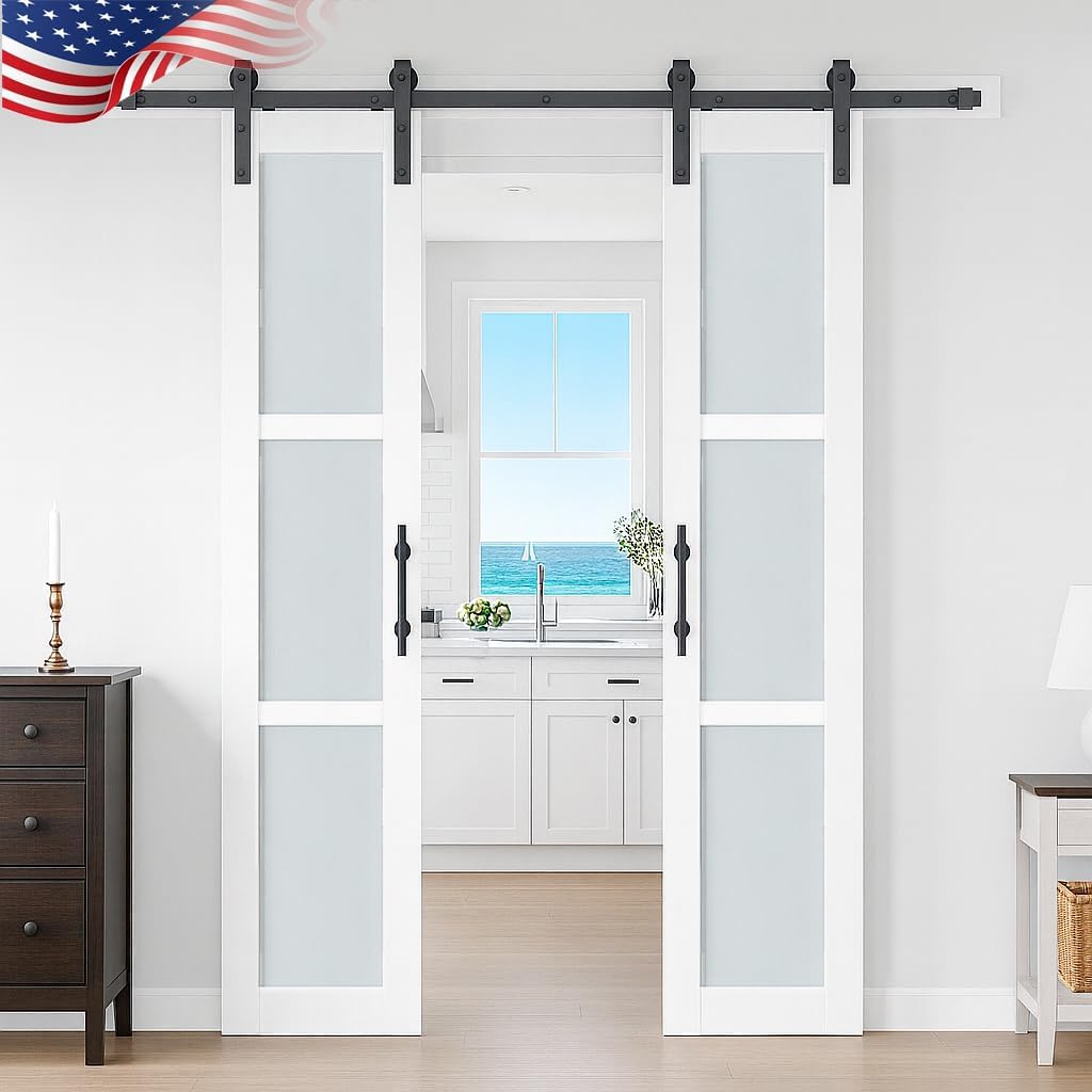 18 in x 84 in Double Glass MDF Barn Doors with 6.6FT Hardware Kit, 5 Tempered Frosted Glass, Slab In