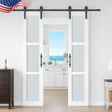 18 in x 84 in Double Glass MDF Barn Doors with 6.6FT Hardware Kit, 5 Tempered Frosted Glass, Slab In
