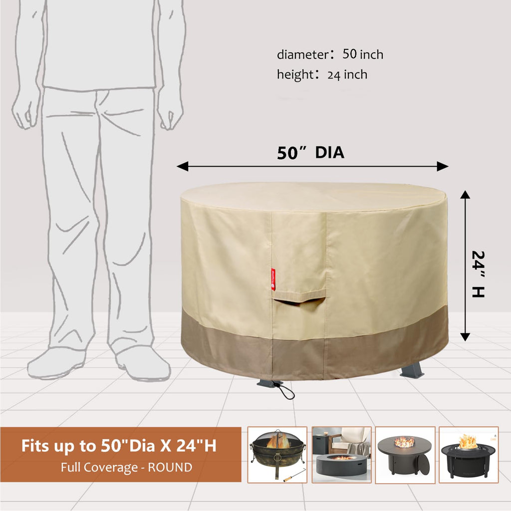 Fire Pit Cover Round 50" D x 24" H, Waterproof 600D Material, Beige