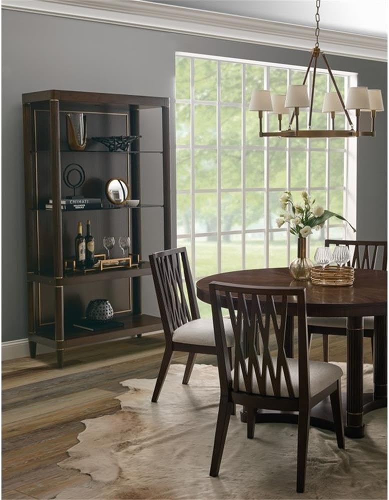 Open Shelf Etagere, 42 in W x 18 in D x 78 in H, Piano Brown Eucalyptus Wood Veneer, 4 Shelves, Glass and Wood