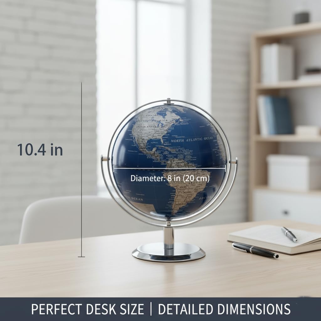 8" Blue World Globe with 720° Rotating Stainless Steel Stand for Adults - Elegant Adult Bookcase Decorative Home Desk