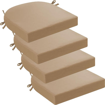 Waterproof Outdoor Chair Cushions Set of 4, Round Corner Seat Pads with Ties, 18.5 x 16 x 2 Inch, Khaki
