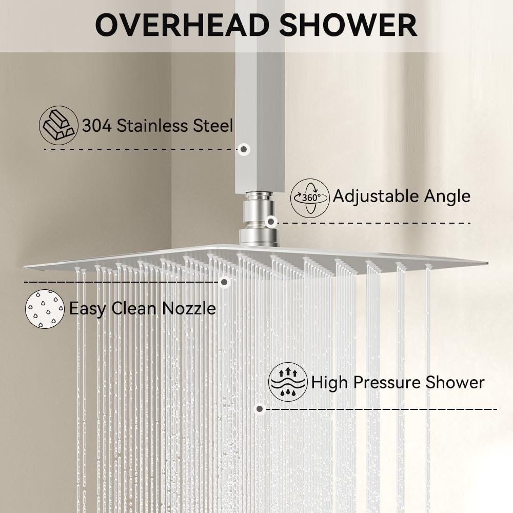 Shower Faucets Sets Brushed Nickel Shower System, 12" Ceiling Rainfall Shower and 6" Wall Mount with 2 in 1 Handhled