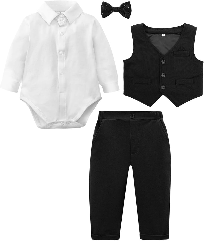 4Pcs Baby Boy Suits Dress Outfit Shirt Pants Bowtie Vest Set 3