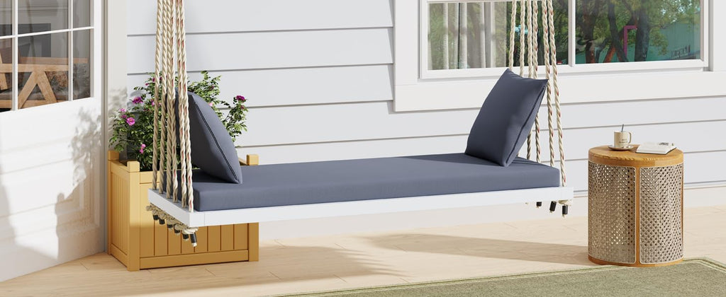 White Wooden Porch Swing Bed with Thick Grey Cushion, 2-Seater Hanging Daybed Swing with Braided Ropes, Outdoor Patio