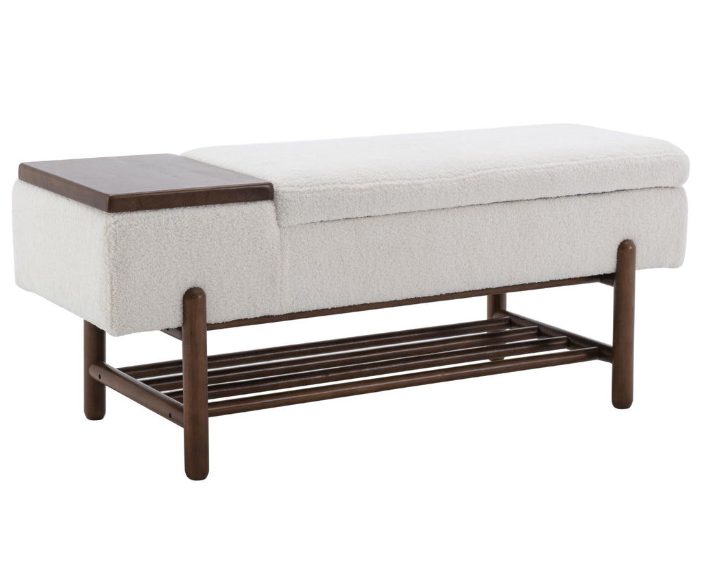 Modern Storage Bench End of Bed Sherpa Upholstered Ottoman Bench with Storage and Wood Shoe Rack Farmhouse Long