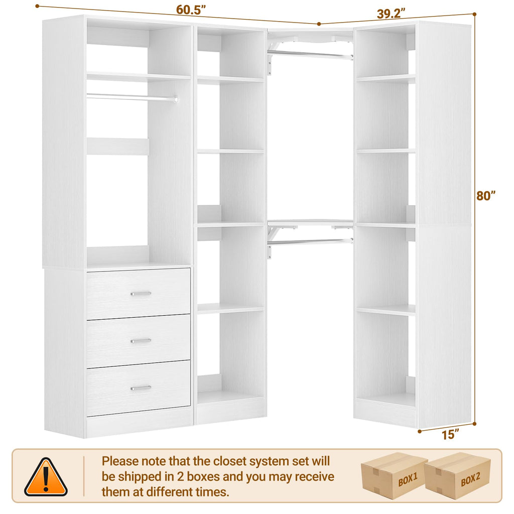 Corner Closet System with 3 Drawers, Corner Closet Organizer System