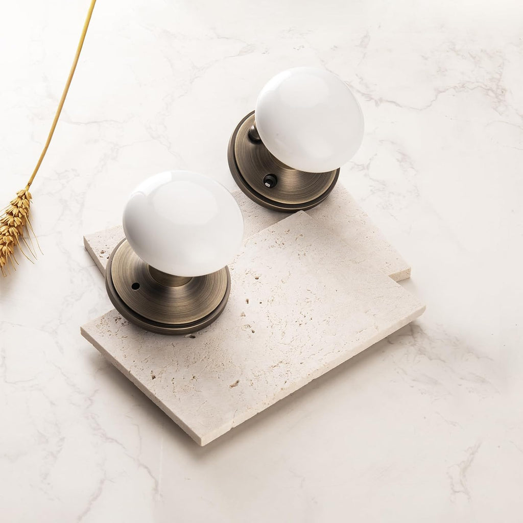 White Door Knobs, Porcelain Round Door Handle with Antique Brass Plate