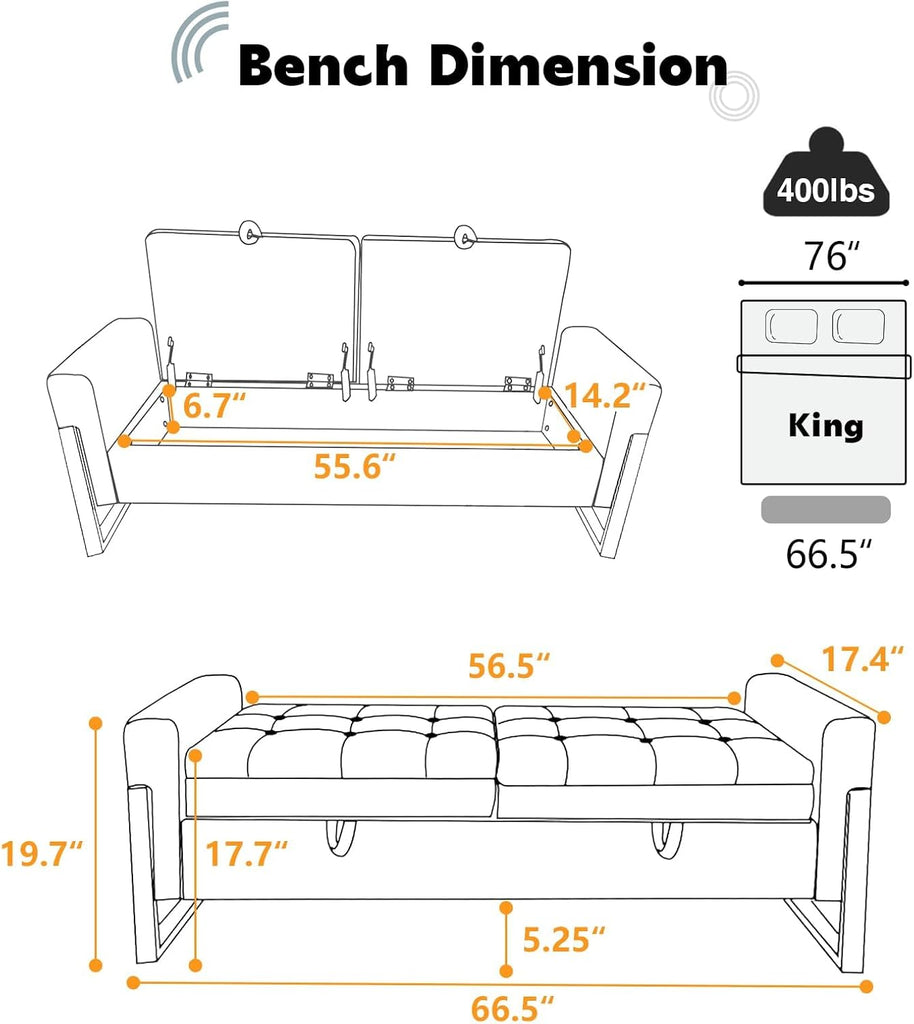 67" Storage Bench End of Bed, Velvet King Size Bed Bench with Double Lids and Gold Legs, Storage Ottoman Bench with