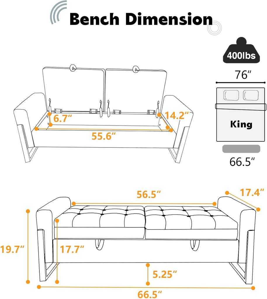 67" Storage Bench End of Bed King Size, Light Brown | Double Lids, Upholstered Faux Leather Storage Bench with Golden