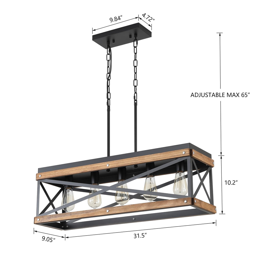 Rustic Farmhouse Wood Kitchen Island Lighting, 5 Lights Rectangular Pendant Light Fixture, Adjustable Chain Oak Wood