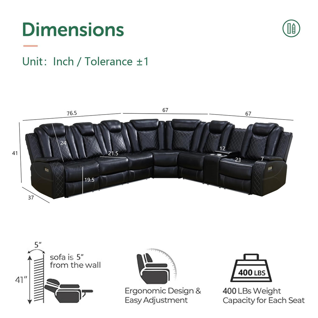 Black Leather Power Reclining Sectional Sofa, Sectional Couch with Recliner, L Shaped Recliner Sofa with LED Light/Read