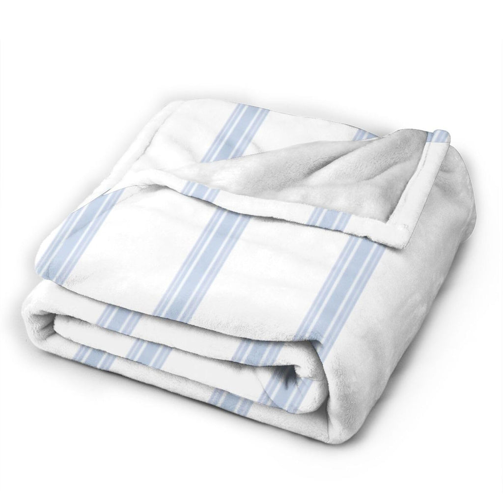 Vintage French Ticking Stripe Pattern Blue White Reversible Flannel Throw Blanket - Ultra Soft Lightweight 40"X30"