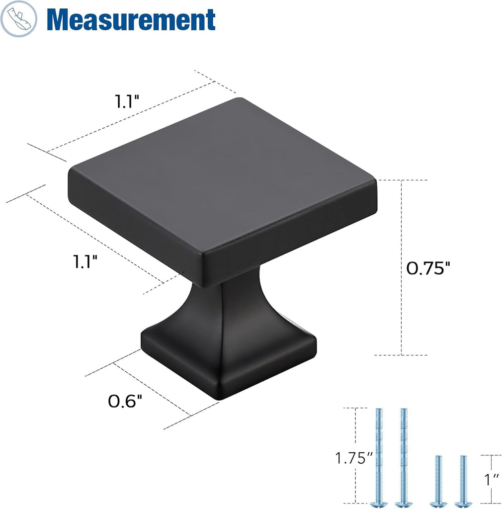 Matte Black Square Cabinet Knobs for Cabinets and Drawers - Kitchen Hardware, 30 Pack