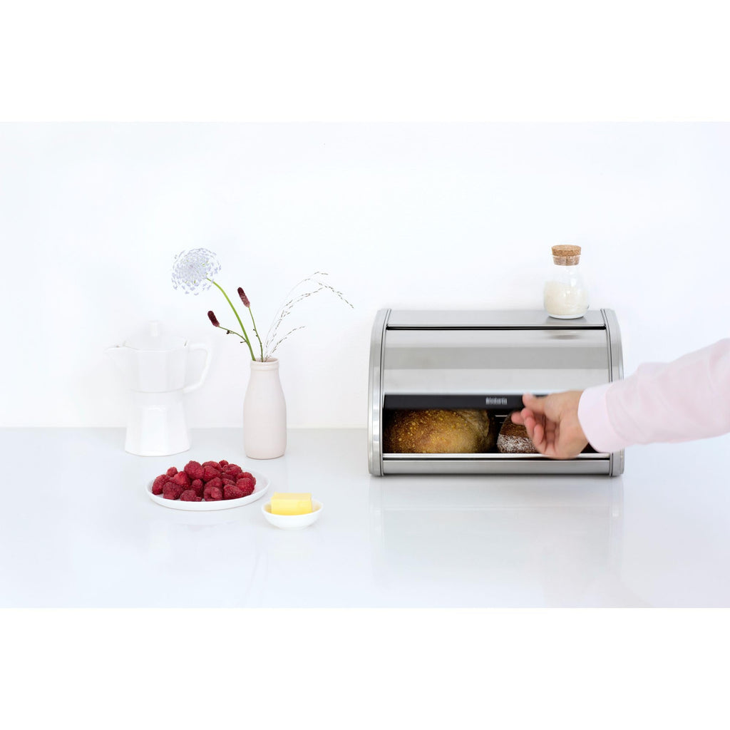 Roll Top | Medium | Matt Steel | Large Metal Front Opening Bread Store Countertop | Partly Flat Top for Extra