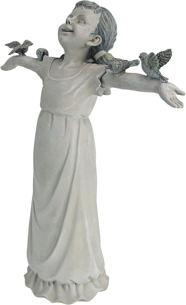 Basking in Glory Little Girl with Birds Outdoor Garden Statue, Medium, 16 inches tall, Cast Stone Resin, Two Tone